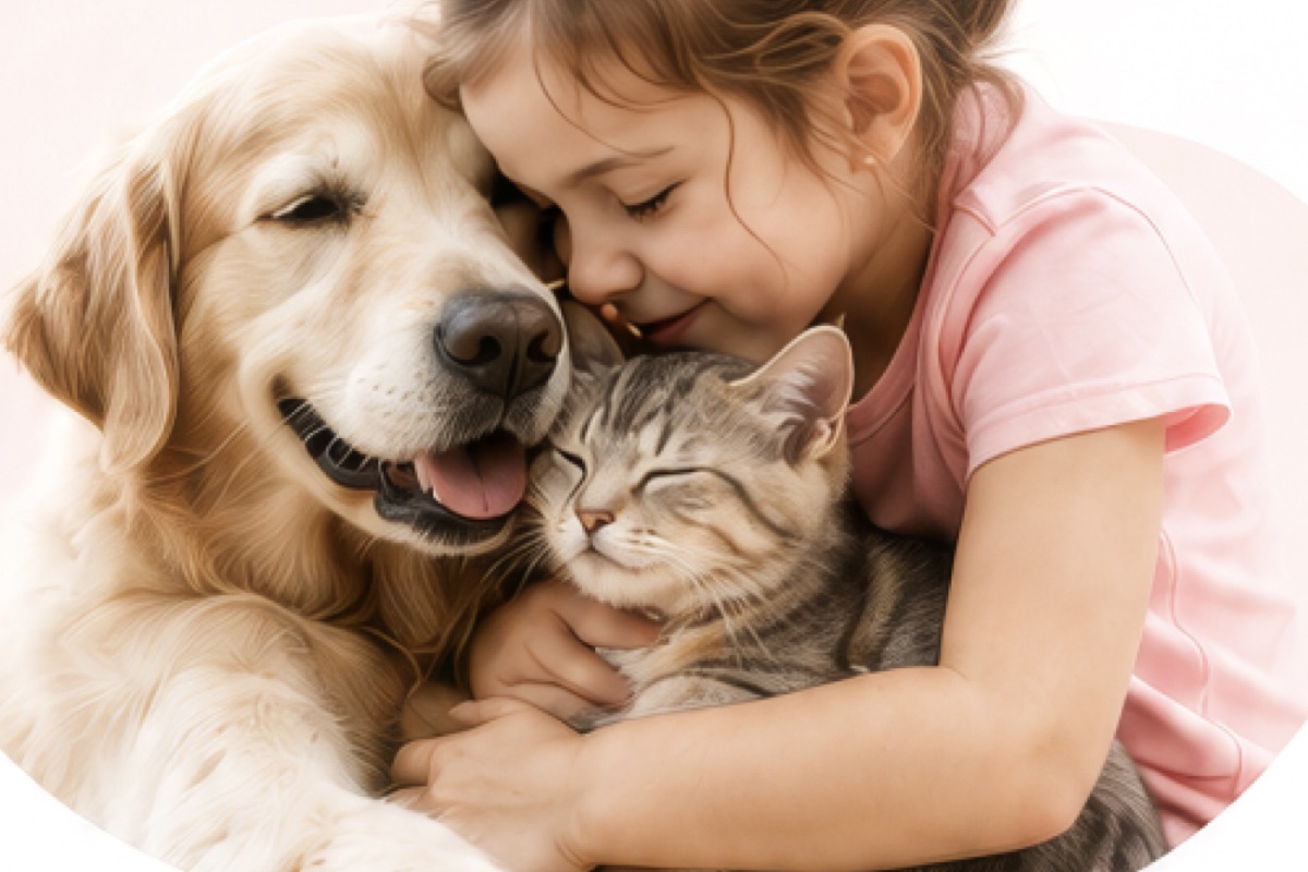 Menina abraçando um cachorro e um gato